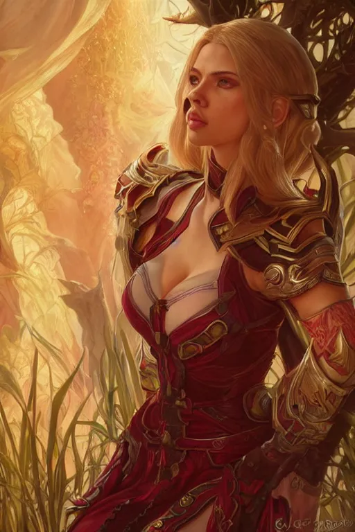 Image similar to Scarlett johansson as a blood elf, world of warcraft, wow , intricate, elegant, highly detailed, digital painting, artstation, concept art, smooth, sharp focus, illustration, art by artgerm and greg rutkowski and alphonse mucha