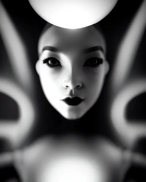 Image similar to black and white high quality photo of a female AI-queen-dragon-meshes-cyborg-doll looking into a sci-fi mirror, volumetric lighting, brutalism, foggy, dreamy, hyperdetailed, bokeh, photorealistic, cinematic, masterpiece, elegant, dark, in the style of Man Ray, octane render, 8K,