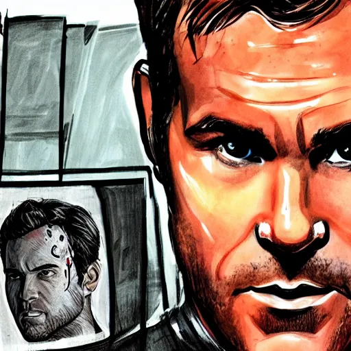Image similar to Ryan Reynolds as Dexter, concept art, sharp focus, illustration in pen an ink