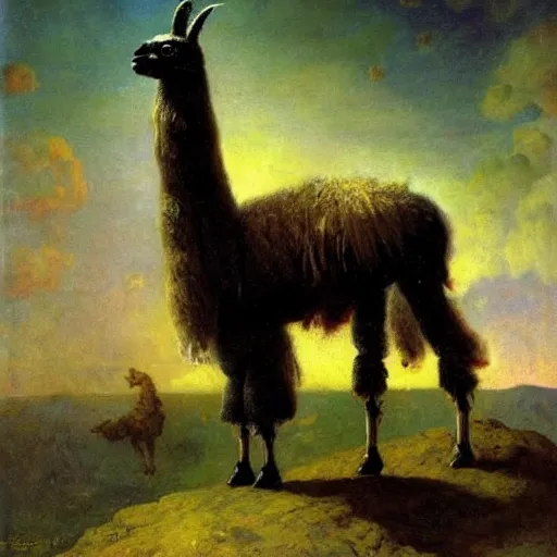 Prompt: detailed space portrait of a llama with dreadlocks, realistic creature concept, heroic pose, glowing starts in background, Ilya Repin oil painting