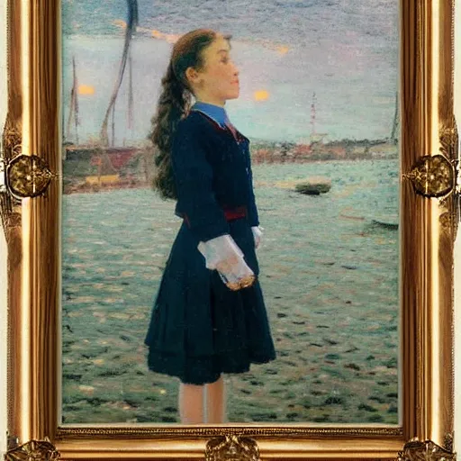 Image similar to Kinetic sculpture. A young girl stands in the center of the frame, looking off to the side. She wears a school uniform with a short skirt and a striped shirt. The background is a vivid, with wavy lines running through it. pale indigo by Frits Thaulow cosy