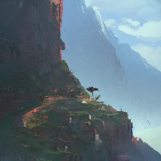 Prompt: a beautiful mountain with a nice house by Marc Simonetti and James Gilleard, Makoto Shinkai