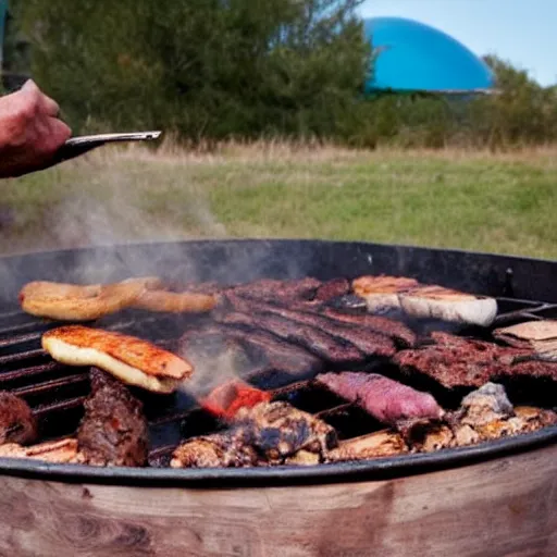 Image similar to old bearded cooking barbeque on the surface if the moon with the earth visible in the background