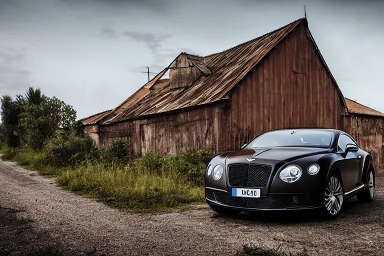 Image similar to modern rusty matte tired Bentley Continental GT without gloss no reflections drives along the road of an old Russian village with houses at the edges