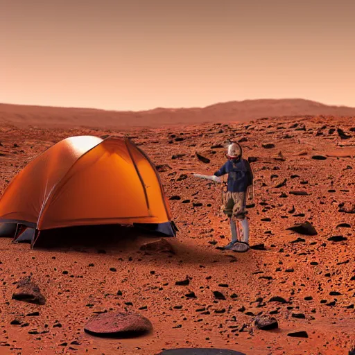 Prompt: camping on mars, 4 k, high detail, high - resolution photograph, professional photography, ultra - detail