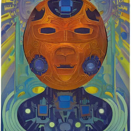 Image similar to the robot in her intricate mechanical mask, by annie swynnerton and diego rivera and kit williams and leo and diane dillon and nicholas roerich, symbolist, dramatic lighting, elaborate geometric ornament, art brut, god rays, soft cool colors, smooth, sharp focus, extremely detailed, adolf wolfli