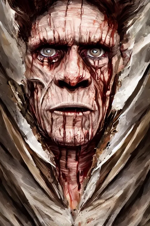 Image similar to A deranged tiny filthy man looking like Willem Dafoe wearing long dark damaged ripped robes showing a magic paper scroll, camera looking down upon, long fingernails, unclipped fingernails, sharp fingernails, focus on face, sharp focus, digital painting, trending on artstation, concept art, fantasy, medieval