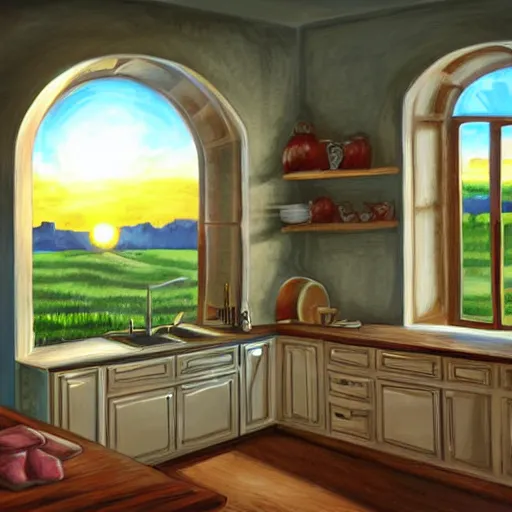 Image similar to kitchen, with cabinets in background, sunrise, large round window, digital art, cartoon