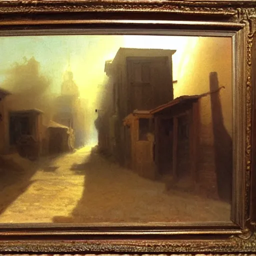 Image similar to oil painting of american old west town, dusty street, sunrays, dramatic, very very very beautiful art, romanticism by goya