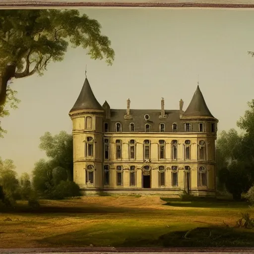 Image similar to a large serene beautiful matte painting of a delapitaded quaint french country castle in a state of disrepair, covered in vines, by asher brown durand and george ault featured on artstation