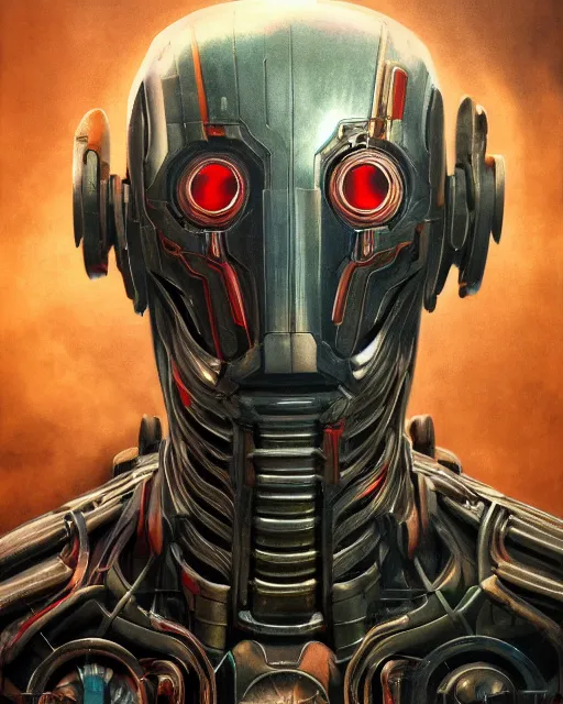 Image similar to portrait of an ammolite ultron from age of ultron, clockwork steampunk, dieselpunk, head and chest only, by beksinski, 4 k, deviantart, 3 d unreal engine, trending on artstation