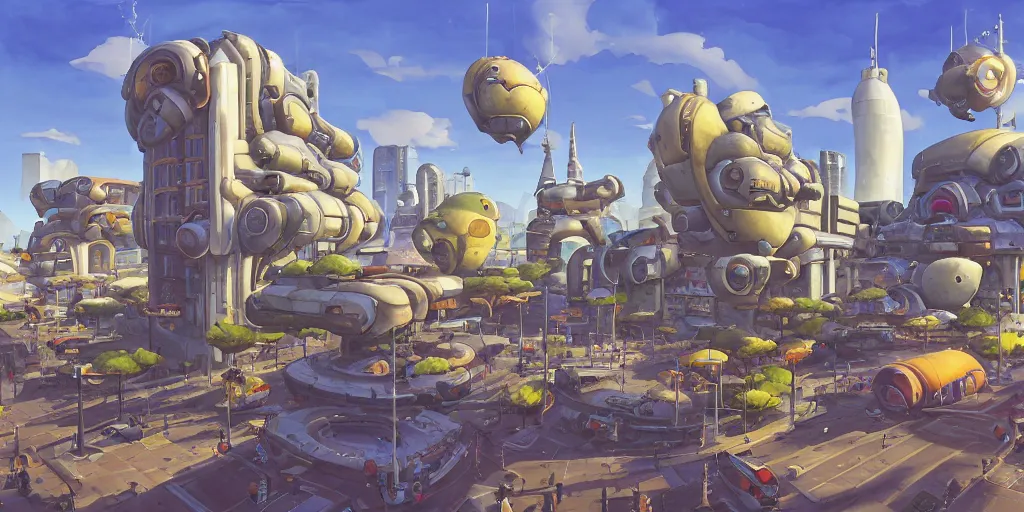 Image similar to overwatch building, stylized, exterior, architecture, watercolor gouache detailed paintings, insanely detail, artstation, 8 k, futuristic, arcane, simon stalenhag, food stall, interesting shapes & form, golden ratio, hard surface, props, decoration and furniture, megastructures, floating city, tree and plants, solarpunk, japanese downtown, utopia, kitbash 3 d