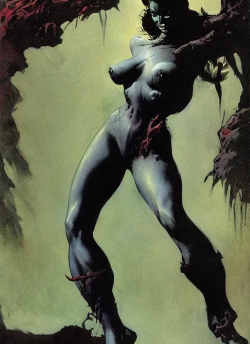 Image similar to female vetala, strong line, deep color, beautiful! coherent! by frank frazetta, high contrast