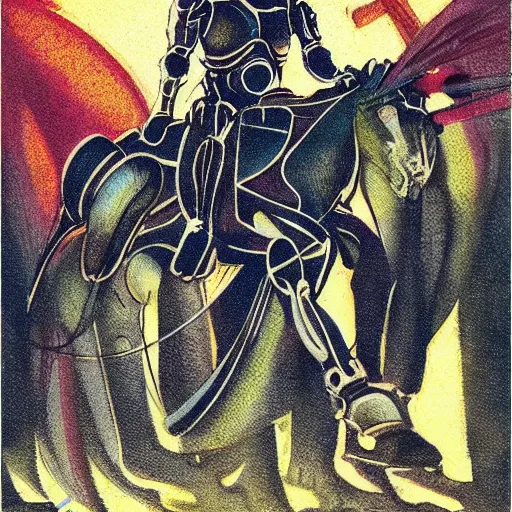 Image similar to a cybernetic knight holding a lance, riding a cyborg horse, sci fi, retro, illustrated by Richard Powers