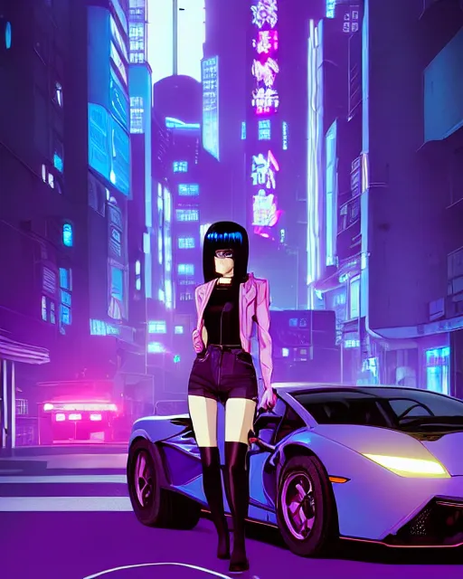 Image similar to digital illustration of cyberpunk pretty girl with blue hair, standing in front of a purple lamborghini, in city street at night, by makoto shinkai, ilya kuvshinov, lois van baarle, rossdraws, basquiat