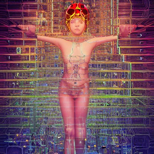 Image similar to deeper into the metaverse we go, piles of modular synth cables, puerto rican goddess swimming up wearing a headpiece made of circuit boards, by cameron gray, wlop, stanley kubrick, masamune, hideki anno, jamie hewlett, unique perspective, trending on artstation, 3 d render, vivid pastel colors