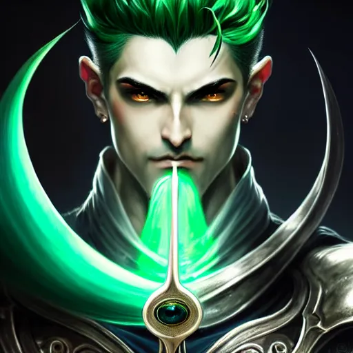 Image similar to a man with dark green hair, green glowing eyes what look like a clock, high detail clothing, fantasy, elegant, highly detailed, digital painting, artstation, concept art, smooth, sharp focus, illustration, artbook, dynamic pose, splash art, promo art, soul calibur, art by artgerm and greg rutkowski and bo chen and jin xiaodi