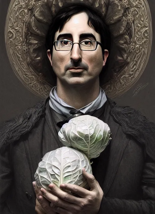 Image similar to a portrait of john oliver and a cabbage, stoic, fantasy, intricate, elegant, beautiful, highly detailed, charcoal, centered, dark, smokey, digital painting, artstation, concept art, smooth, sharp focus, illustration, art by artgerm and greg rutkowski and alphonse mucha