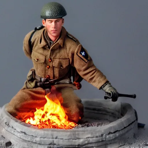 Image similar to 1/35 scale figurine of german ww2 soldier set on fire, burning plastic, scale model photography, 8k, hyper realistic