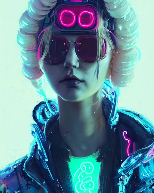 Prompt: detailed portrait neon operator lady, springy ringlets blonde hair, cyberpunk futuristic, neon, reflective puffy coat, decorated with traditional japanese by ismail inceoglu dragan bibin hans thoma greg rutkowski alexandros pyromallis nekro rene margitte, illustrated, perfect face, fine details, realistic shaded, fine - face, pretty face