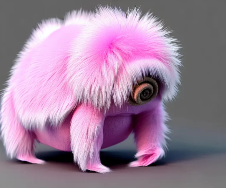 Image similar to high quality 3 d render hyperrealist very cute small tardiradiant, plush mascot, short spiky dense fluffy smooth hair, photo from the side, pink fluffy fur, 1 5 0 mm, beautiful natural soft light, rim light, vray, smooth background, artstation, ultra detailed