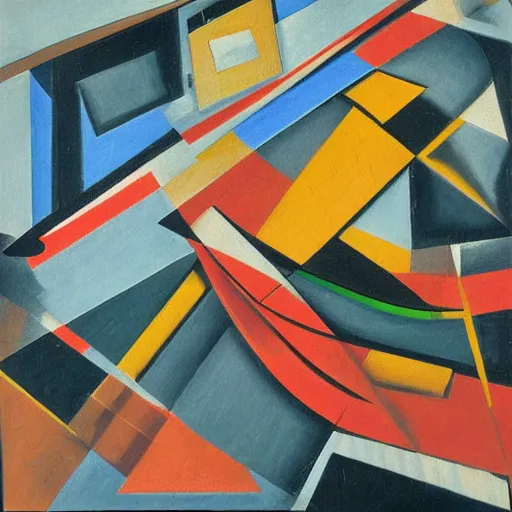 Prompt: a cubist on canvas painting of a birds eye view of a racetrack