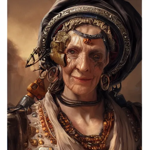 Image similar to portrait, headshot, digital painting, of a old 17th century, old cyborg female merchant, amber jewels, baroque, ornate clothing, scifi, realistic, hyperdetailed, chiaroscuro, concept art, art by Franz Hals and Jon Foster