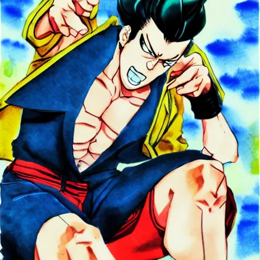 Image similar to young boy angry, pompadour hairstyle, art by hirohiko araki, jotaro kujo, action pose, manga cover, watercolor