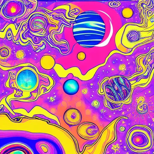 Image similar to psychedelic trippy couch in space, planets, milky way, sofa, cartoon