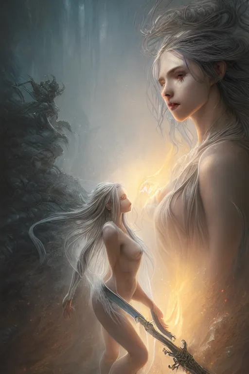 Prompt: the ghost of a beautiful girl with a big sword, intricate, ethereal, by wlop, by luis royo, by peter mohrbacher, hyper detailed, weta digital, ray trace, unreal engine, trending on artist, beautifully lit, cinematic, soft light, photorealistic, volumetric, realistic, glossy, 8 k post - production, masterpiece, luxury, smooth