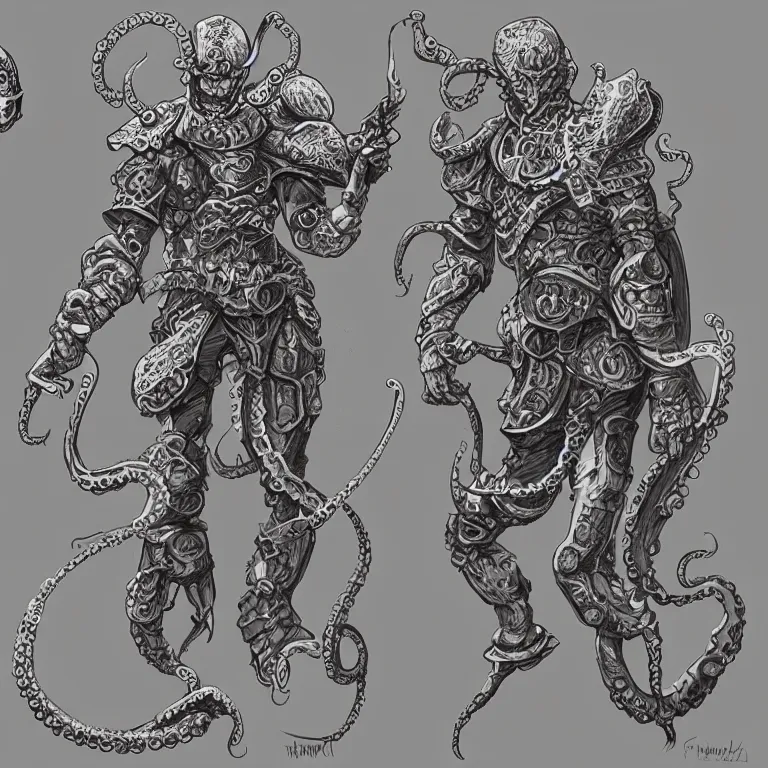 Image similar to warrior in octopus armour concept art d & d, intricate, detailed