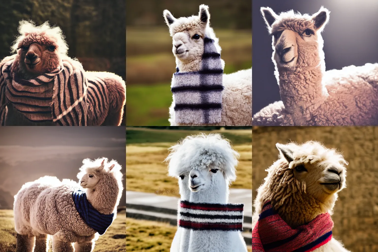 Prompt: stock photography of a fluffy alpaca wearing a striped scarf, Zeiss 35mm photo, dramatic lighting