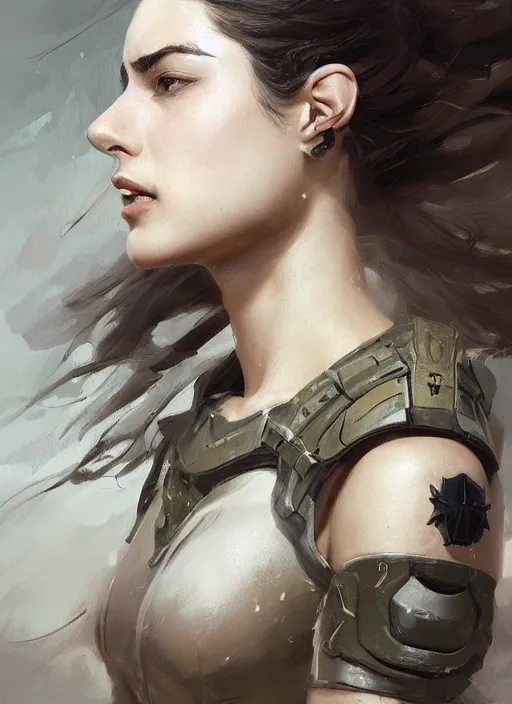 Image similar to a professional painting of a beautiful young female, clothed in military armor, olive skin, long dark hair, beautiful bone structure, symmetrical facial features, intricate, elegant, digital painting, concept art, smooth, sharp focus, illustration, from Metal Gear, by Ruan Jia and Mandy Jurgens and Artgerm and William-Adolphe Bouguerea