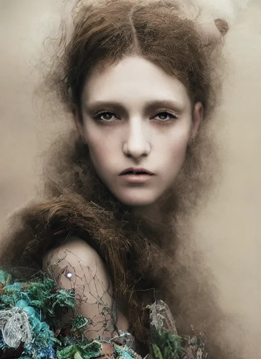 Image similar to Kodak Portra 400, 8K, soft light, volumetric lighting, highly detailed, fine art portrait photography in style of Paolo Roversi, britt marling style 3/4 face merging with stormy clouds in metamorphosis complex 3d render , 150 mm lens, art nouveau fashion embroidered, intricate details, elegant, hyper realistic, ultra detailed, octane render, etheric, outworldly colours, emotionally evoking, head in focus, fantasy, ornamental, intricate, elegant, 8K, soft light, volumetric lighting, highly detailed, Refined, Highly Detailed, soft lighting colors scheme, fine art photography, Hyper realistic, photo realistic