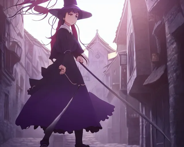 Prompt: ( majo no tabitabi ), key anime visual portrait of a young female witch walking through a busy medieval village, dynamic pose, dynamic perspective, cinematic, dramatic lighting, detailed silhouette, anime proportions, perfect anime, yoh yoshinari, ( violet evergarden )