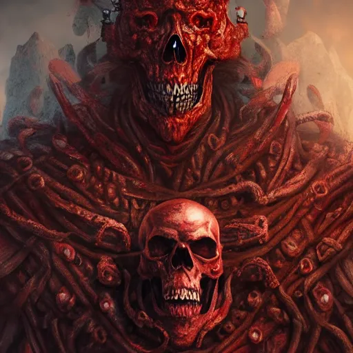 Image similar to blood for the blood god skulls for the skull throne, au naturel, hyper detailed, digital art, trending in artstation, cinematic lighting, studio quality, smooth render, unreal engine 5 rendered, octane rendered, art style by klimt and nixeu and ian sprigger and wlop and krenz cushart