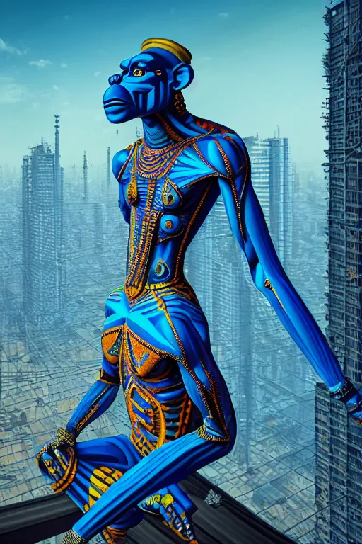 Image similar to high quality 3 d render stylized mischievous cyborg muscular man monkey blue hybrid sitting, madhubani, highly detailed, cyberpunk!! mumbai in the background, unreal engine cinematic smooth, szukalski, moody light, low angle, uhd 8 k, sharp focus