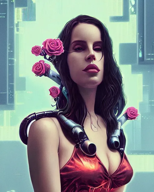 Image similar to portrait of lana del rey as a cyberpunk cyborg. roses, sci - fi, missing panels, intricate abstract, upper body, intricate artwork, by tooth wu, wlop, beeple, dan mumford. concept art, 8 k octane render, deviantart, greg rutkowski, cinematic, key art, hyperrealism, iridescent accents