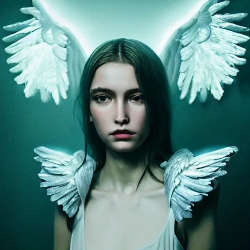 Image similar to portrait art of female angel by alessio albi 8 k ultra realistic, angel wings, lens flare, atmosphere, glow, detailed, intricate, full of colour, cinematic lighting, trending on artstation, 4 k, hyperrealistic, focused, extreme details, unreal engine 5, cinematic, masterpiece