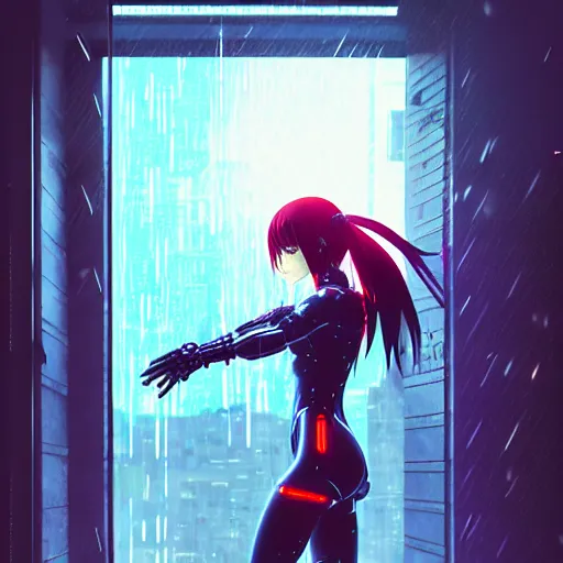 Image similar to cyberpunk anime art, beautiful cyborg girl in the style of arcane holding excalibur, full round face, biomechanical details, full body shot, rain, wet street, window reflections, lens flare, wlop, ilya kuvshinov, artgerm, krenz cushart, greg rutkowski