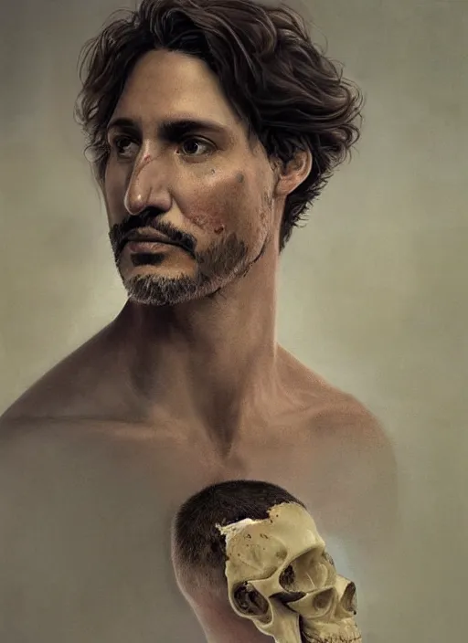 Prompt: a profile portrait of a man ( ( resembling justin trudeau ) ) with a opening hole into skull showing the cranial cavity showing cobwebs, dust and rats, digital art, highly detailed, by alyssa monks and charlie bowater