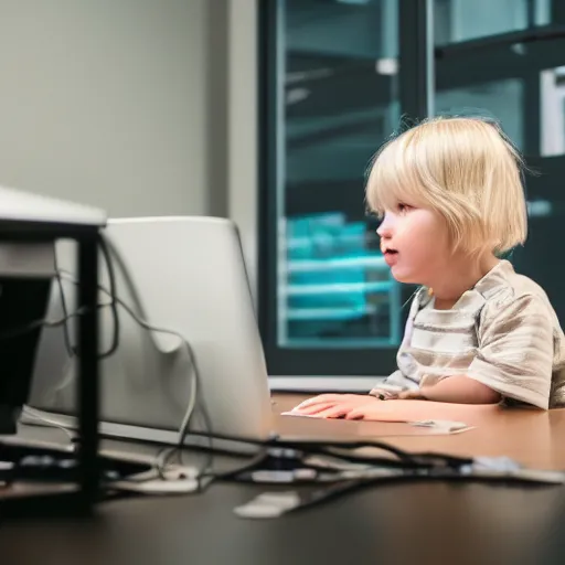 Prompt: a blonde toddler child baby girl working CAD computer drafting, civil engineer, sitting at a desk