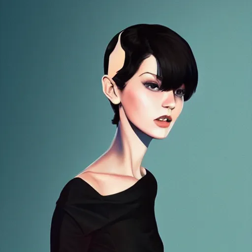 Image similar to slim girl in tuxedo with short black hair, elegant, 2d, ultra highly detailed, digital painting, smooth, sharp focus, artstation, art by Ilya Kuvshinov