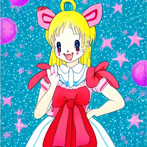 Image similar to usagi-chan in a kawaii dress magical girl with star poster background