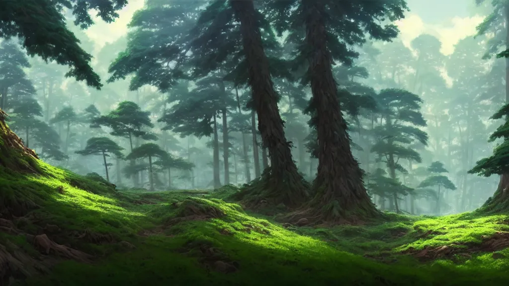 Image similar to forest clearing landscape, studio ghibli, pixar and disney animation, sharp, rendered in unreal engine 5, highly detailed, digital painting, artstation, concept art, smooth, sharp focus, illustration, wide angle, artbook, wallpaper, splash art, promo art, dramatic lighting, art by artgerm and greg rutkowski and bo chen and jin xiaodi