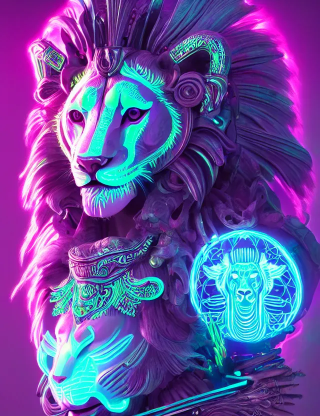 Image similar to 3 d goddess medium shot portrait with hyperdimensional totem implants. beautiful intricately detailed avante garde lion mask and retrowave sorceress outfit. neon, bio luminescent,, artwork by tooth wu and wlop and android jones and beetle and greg rutkowski