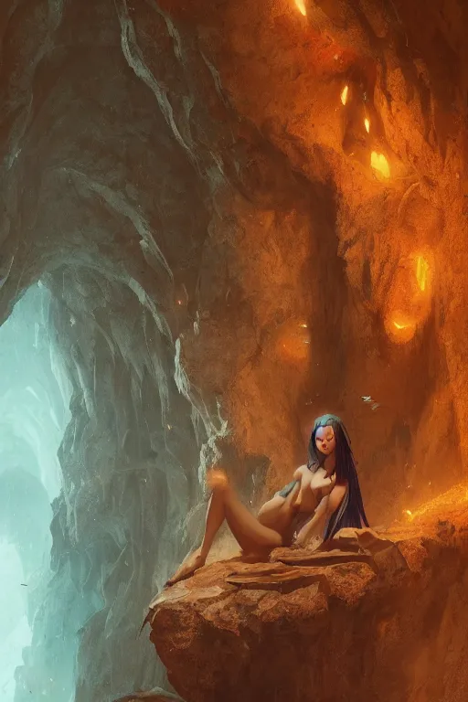 Image similar to a gorgeous succubus in a cave, flawless symmetrical face, greg rutkowski, 8 k, shallow depth of field, intricate detail, concept art,