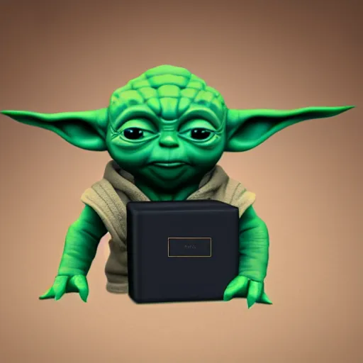 Image similar to baby yoda holding a large black box, award winning, trending on artstation, unreal engine