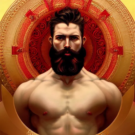 Image similar to portrait of a heavenly god, male, red and white and gold, masculine, beard, upper body, muscular, fantasy, intricate, elegant, dramatic lighting, highly detailed, digital painting, artstation, concept art, matte, sharp focus, illustration, art by artgerm and greg rutkowski and alphonse mucha