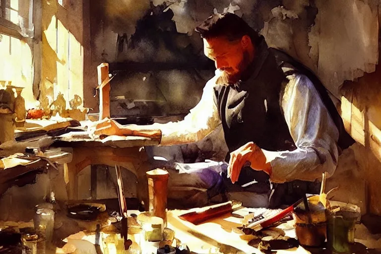 Image similar to paint brush strokes, abstract watercolor painting of medieval workbench, cloth, art by hans dahl, by jesper ejsing, art by anders zorn, wonderful masterpiece by greg rutkowski, cinematic light, american romanticism by greg manchess, creation by tyler edlin